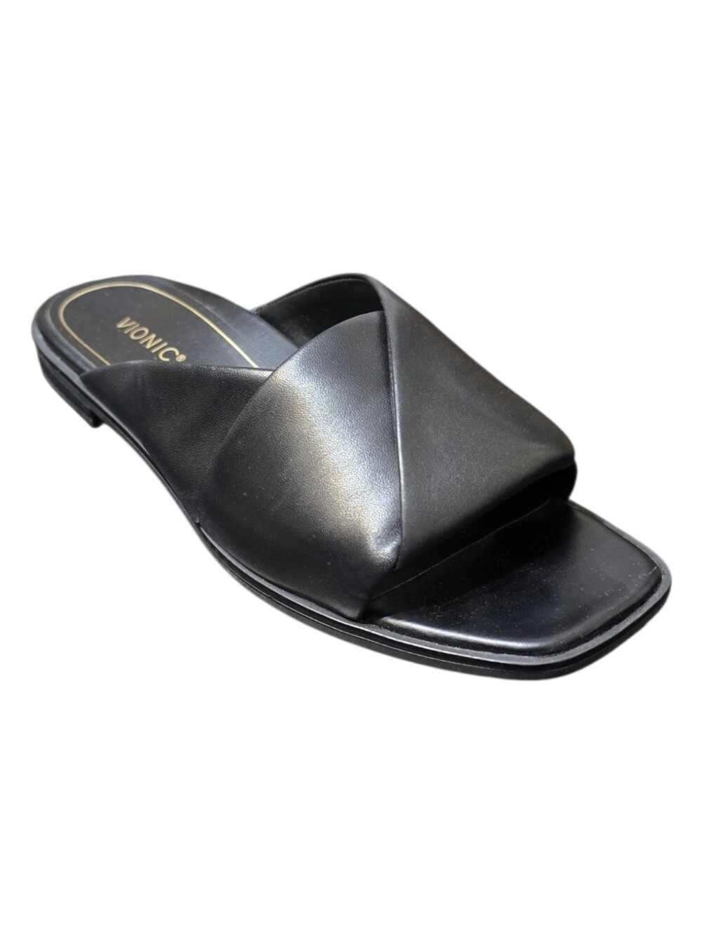Vionic Miramar Black Leather Crossover Slide Sandals
